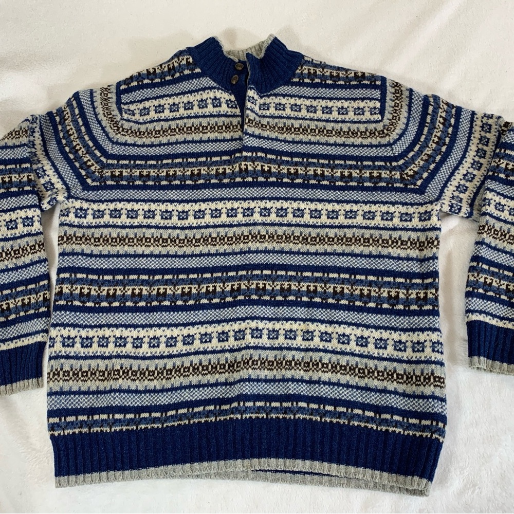 Men's Brooks Brothers Large Blue Fair aisle Patterned Sweater 100% Shetland Wool